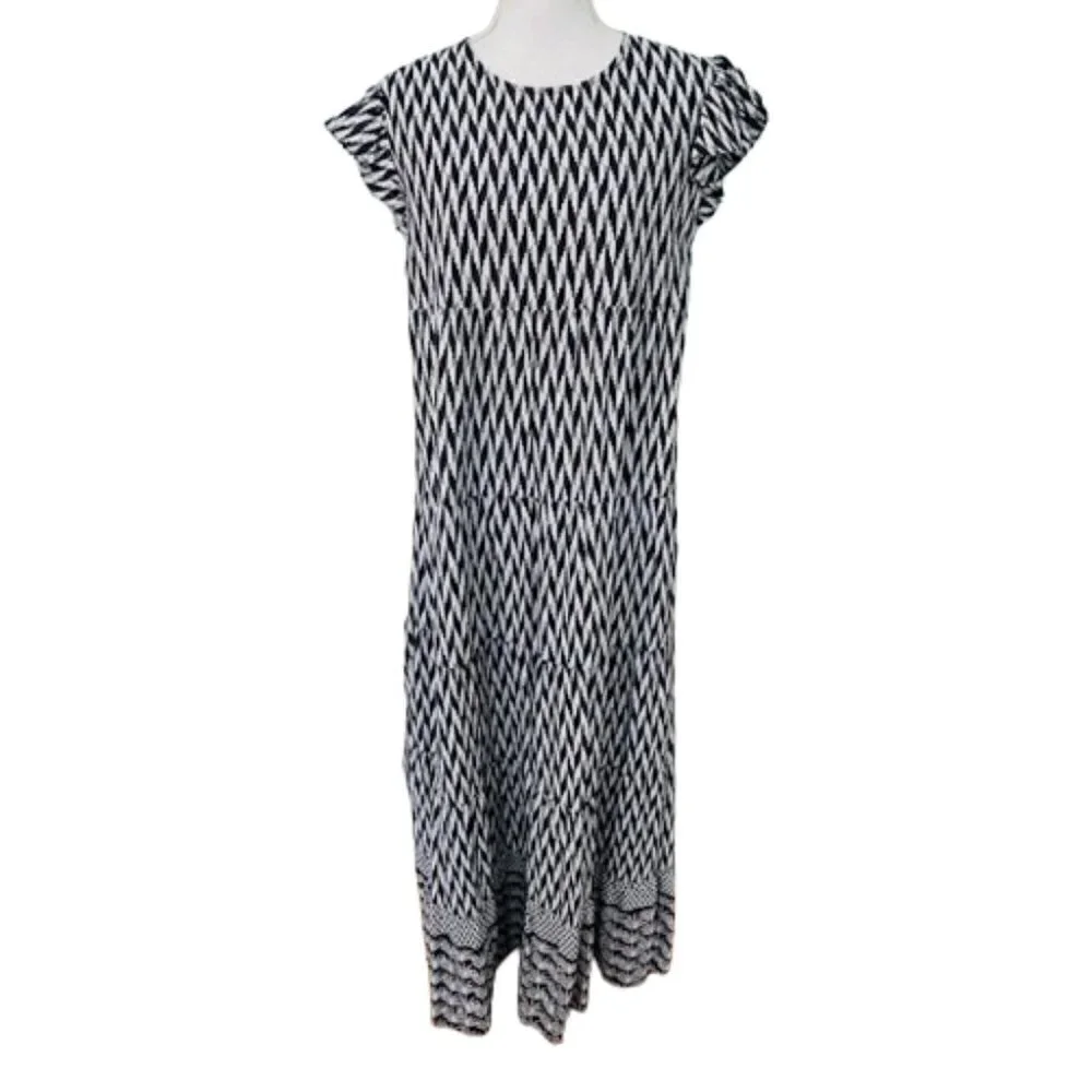 Liza Byrd Tiered Ruffled Cotton Block Print Maxi Dress Blue & White Small